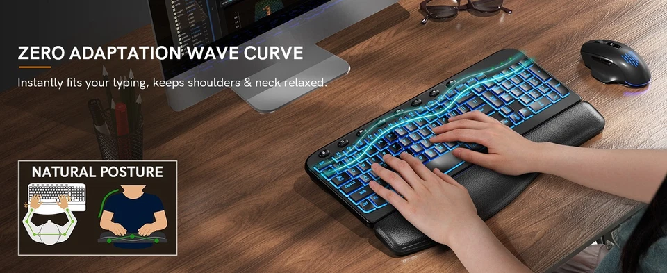 Ergonomic Wireless Keyboard Mouse Combo RGB Wrist Rest Quiet Click MA12 Pro - Image 3 of 4