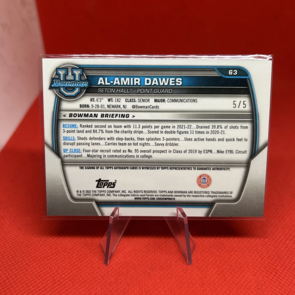 2022-23 Bowman University Chrome AL-AMIR DAWES Red Refractor 1st /5 #63 Auto - Image 2 of 2