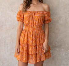 Orange Mini Dress Tunic Tiered Cottagecore Coquette Boho Puffy Sleeves Fairycore