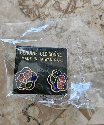 Cloisonne Blue & Pink Flower Floral Enamel Earrings Made in Taiwan ROC Genuine