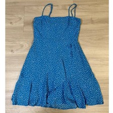 Blue White Dot Mini Dress Spaghetti Straps Ruffle Hem Flirty Summer Sundress