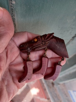 VINTAGE WESTERN HAND CARVED WOOD HORSE HEAD DANGLE COWBOY BOOTS PIN OLD ESTATE