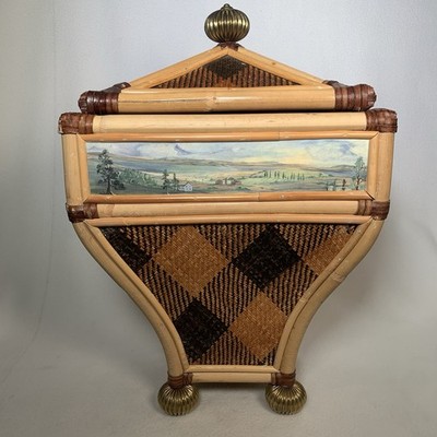 Vintage Mackenzie Childs Wicker Rattan Ajiro Basket Lid Cannister Wastebasket