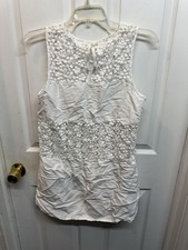Tory Burch White Linen Swim Cover Up Mini Dress Sz XS Peek-a-Boo Lace Waist Yoke