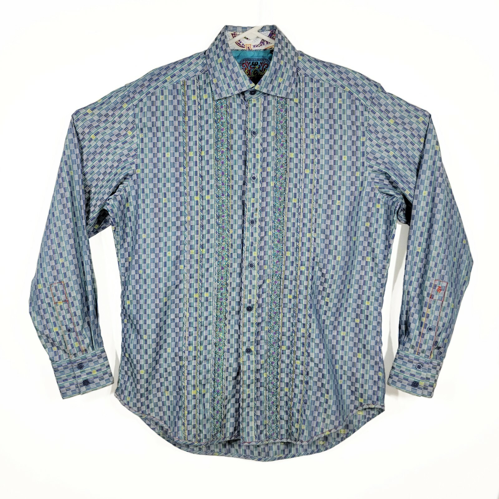 Robert Graham Mens M Blue Green Check Multicolor Silk Embroidered Sport