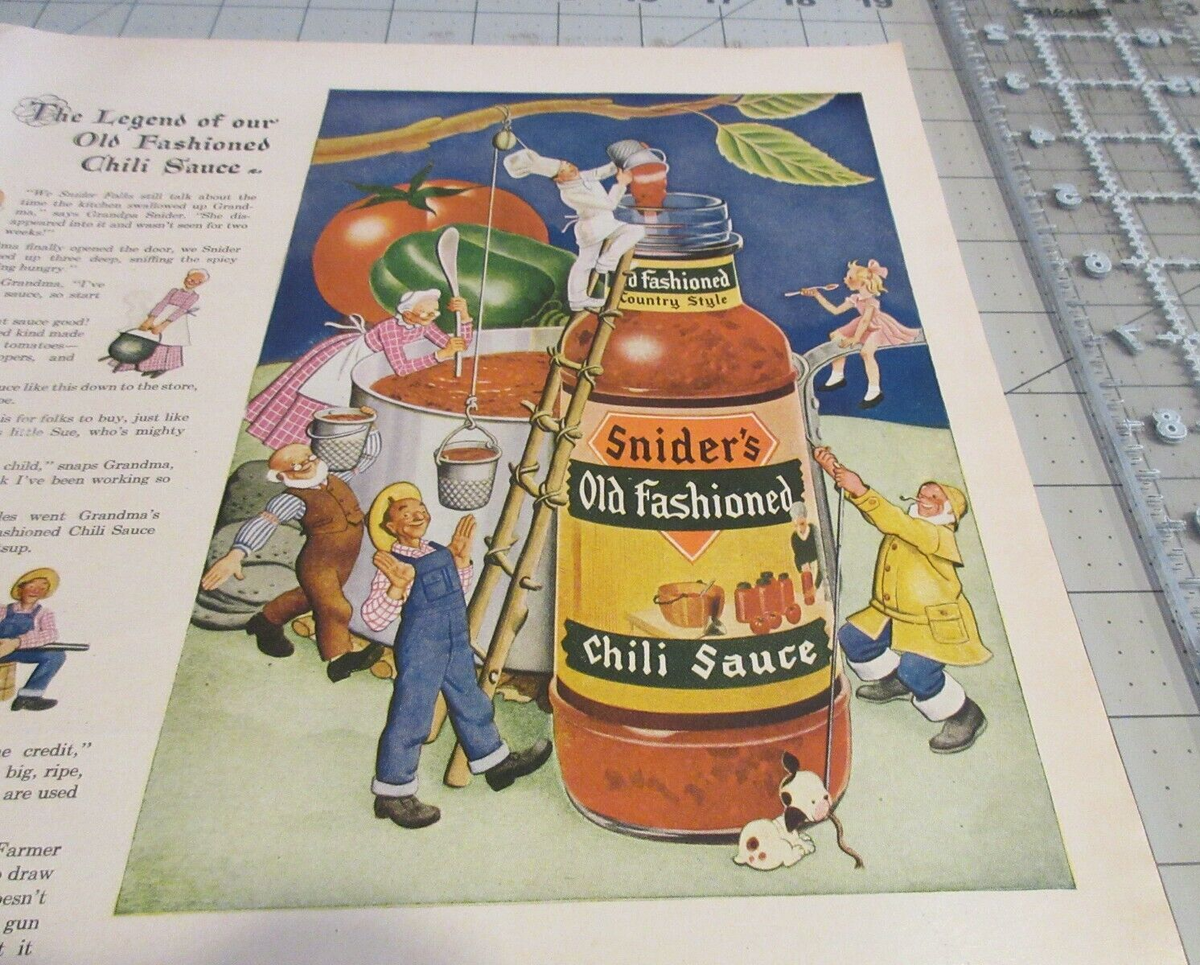 1943 Snider's Old-Fashioned Chili Sauce, Shucks, Vintage Print Ad