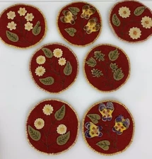 Primitive Wool Felt Art Handmade Circle Patch Applique Ornamental Needlework Lot