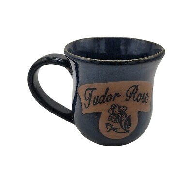 Tudor Rose Coffee Mug Cup Always Azul Pottery  Floral Blue Glaze 16 oz USA
