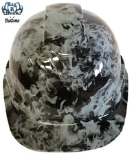 Hydro Dipped Hard Hat High Gloss Light Grey Flames 6 Point Ratchet Suspension