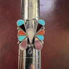 Vintage 925 Sterling Silver Turquoise Coral MOP Onyx Butterfly Ring Size 5