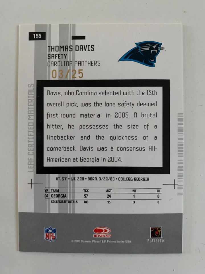 2005 Leaf Certified rc gold THOMAS DAVIS #ed 3/25! Carolina Panthers - Image 2 of 2