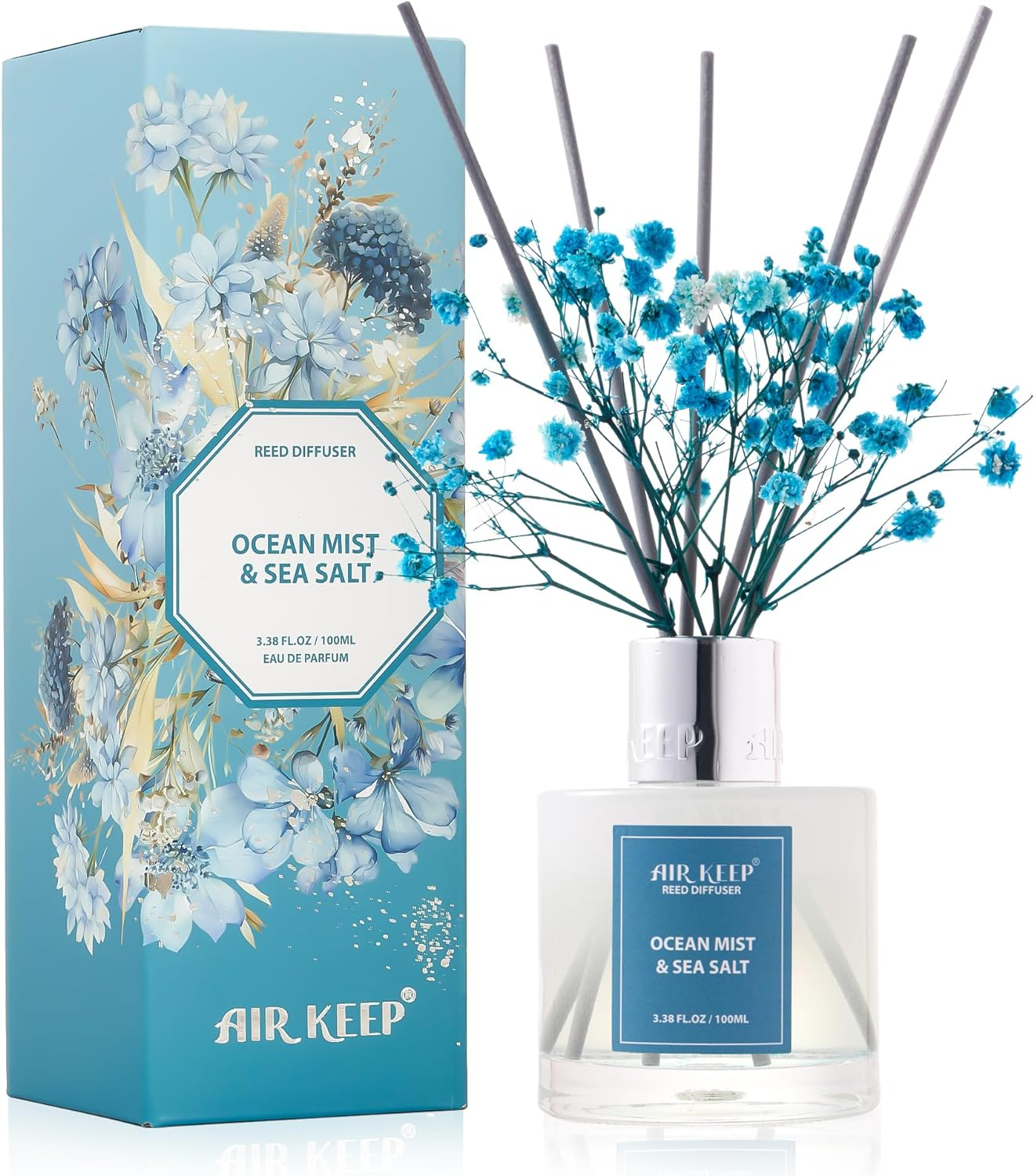Reed Diffuser Set,3.38 Fl Oz (100 Ml) - Ocean Mist&Sea Salt Oil Diffusers with 8-image