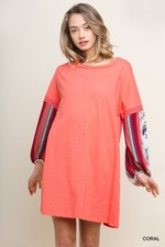 Umgee Knit Tee Coral Dress with Print Puff Sleeves NWT Large