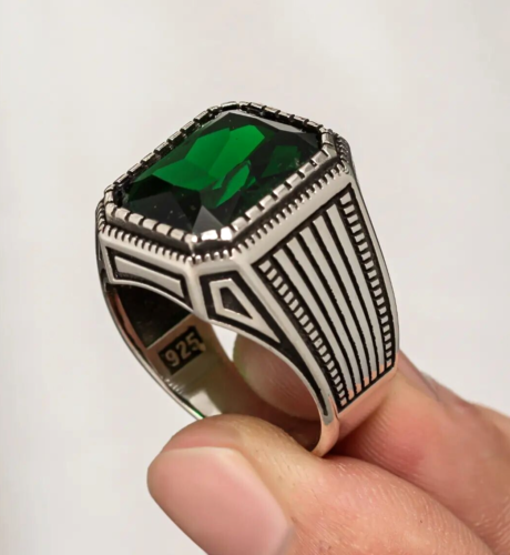 Solid 925 Sterling Silver Emerald Ring With 925 Sterling Silver Ring For Men's. - Picture 1 of 5