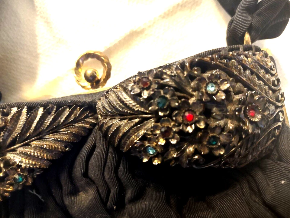 De Colección Bolso de Tafetán Negro Cartera Bolso de Mano 1950-60 MCM Noche Elegante Gremio Original Foto 4 de 4