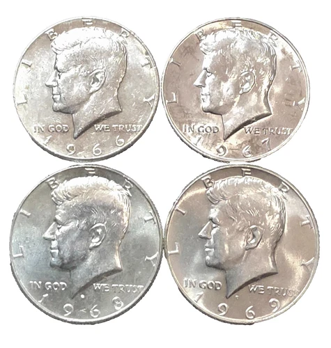 4-AU or Better 40% SILVER Kennedy Half Dollars 1966, 67, 68D & 69D        5644nv
