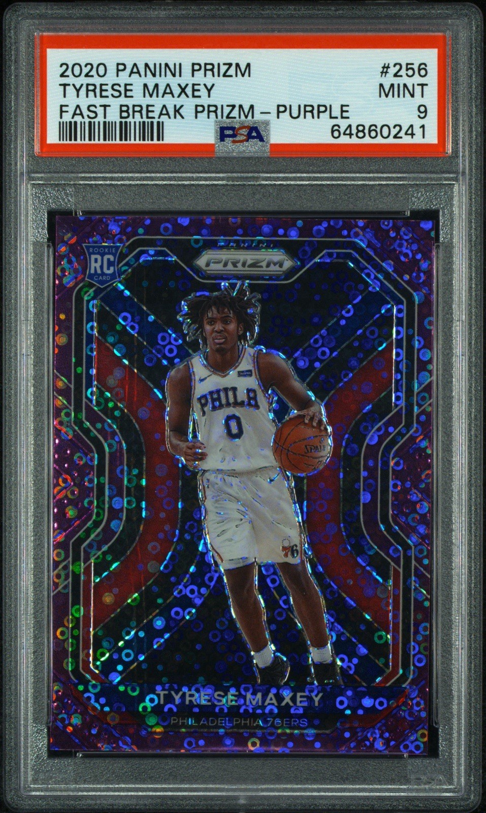 2020-21 Panini Prizm Tyrese Maxey #256 Fast Break Prizm Purple Disco /75 PSA 9