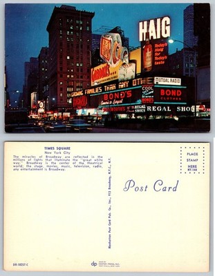 Vintage Times Square NYC Night Scene Postcard 1950s Broadway Neon Lights