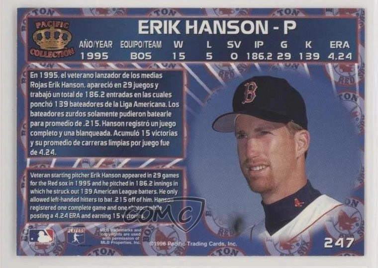 1996 Pacific Crown Collection Erik Hanson #247 - Image 2 of 2