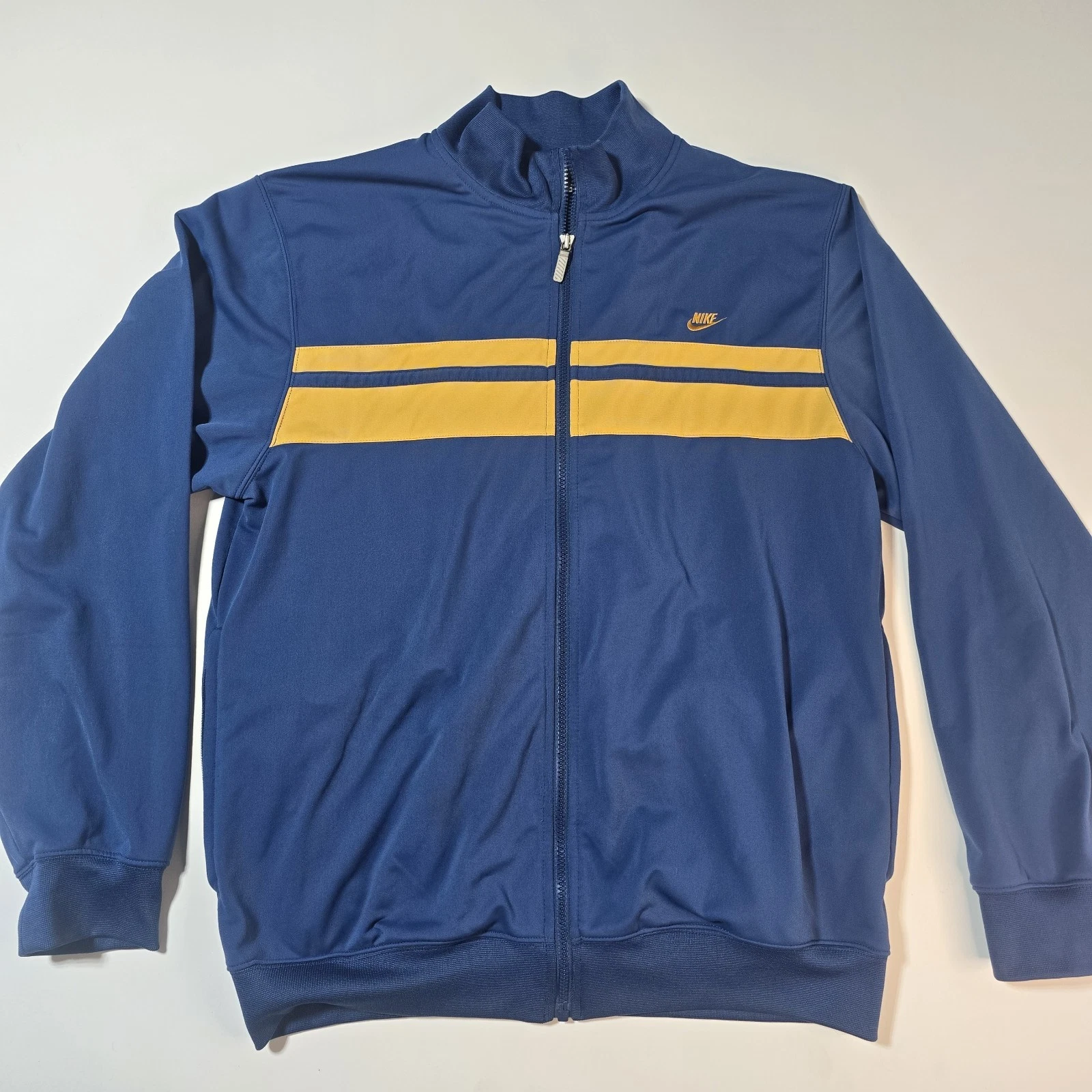 Nike Men Jacket SZ Large Blue Yellow Embroidered Logo Zip-Up Pockets Windbreaker
