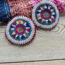 Kuchi Beaded Flower Patches Pair Tribal Gul Medallions Vintage Pair 3" 21155
