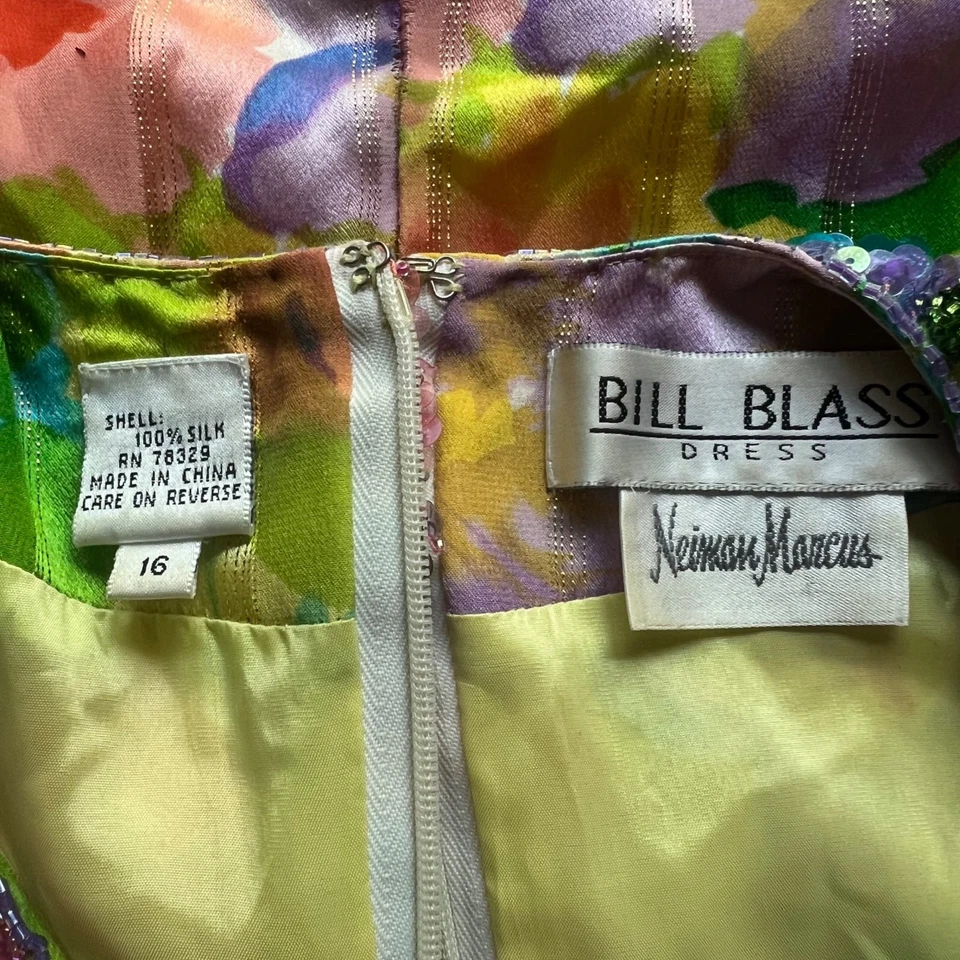 复古 20 世纪 80 年代 Bill Blass Neiman Marcus 16 码花卉丝绸金属串珠连衣裙 — 第 2/4 张图片