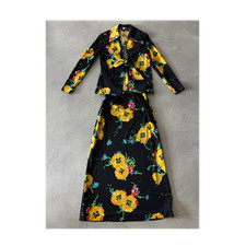 Vintage Women s Floral Polyester Center Tie Top Skirt Set Long Sleeve Collared