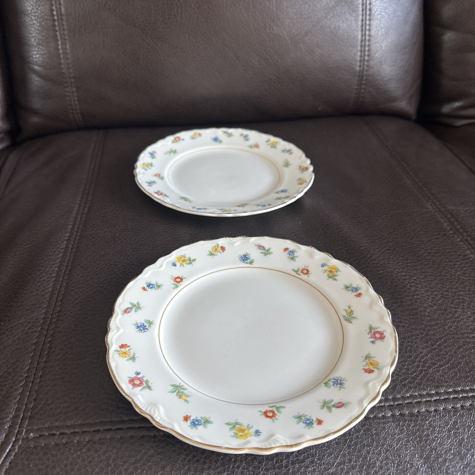 (2) W S George Radisson Salad Dessert Plate Floral Pattern Gold Rim 7.25”