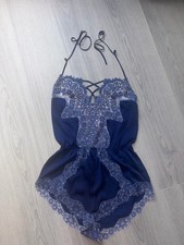 Victoria's Secret Vintage Navy Blue Lace and Satin Romper Size Small Halter  