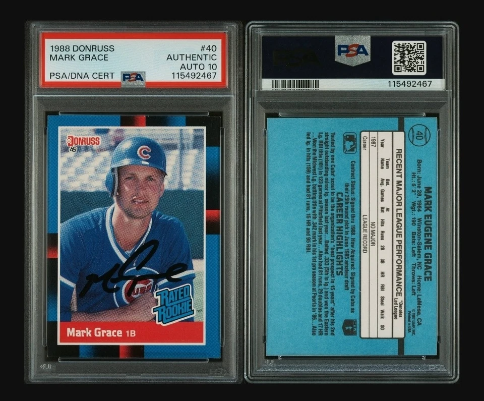 Tarjeta de novato firmada por Mark Grace Donruss #40 1988 autógrafo radiocontrol automático PSA 10 Cubs Foto 2 de 4