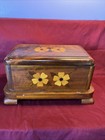 Wooden Tea Caddy Jewelry Box With Floral Inlay Design Antique Vintage Hinged Lid