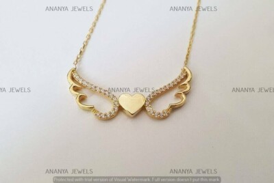 Moissanite 0.50 CT Round Heart Wings Pendant with Chain 14K Yellow Gold Plated