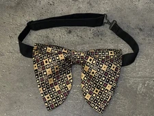 Handmade Oversized Silk Bow tie Vintage style 70`s Geometric Black/Brown Wedding