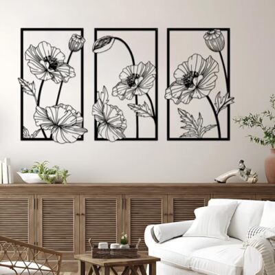 3 Pcs Black Metal Flowers Wall Decor Minimalist Abstract Wall Art Modern Flor...