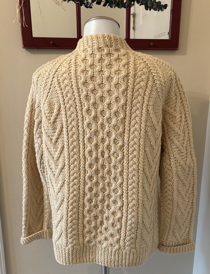Gaeltarra Cable Knit Cardigan Women Ivory Fisherman Wool Aran Hand Knit