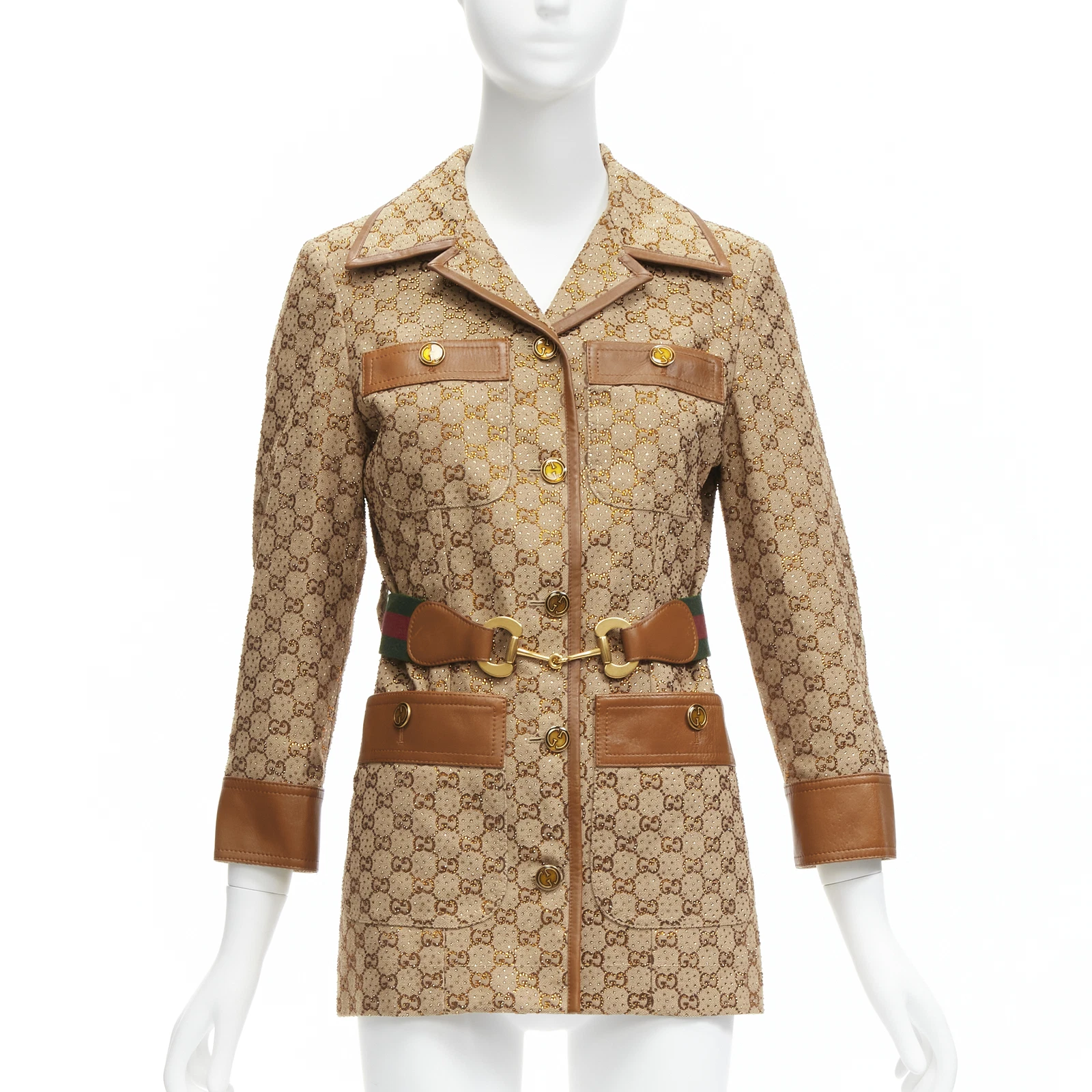 GUCCI 2022 Aria cristal embelli Horsebit toile ceinture GG veste toile IT38 XS