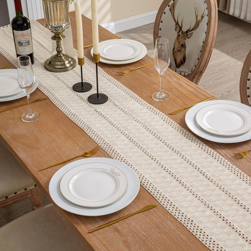 Rustic Woven Cotton Linen Dining Table Runner w/ Tassel Wedding Party Home Decor - Image 4 of 4