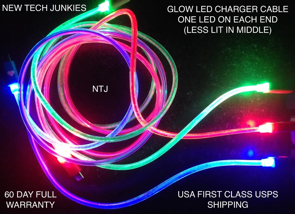 GLOW CHARGER CABLE LED light data sync for iPhone X 8 7 5 5c 6 plus 4s MICRO USB - Image 2 of 4