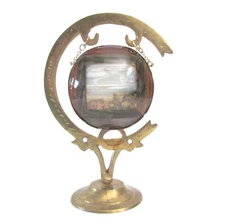 Vintage Married Brass Pieces Gong Stand With Art Glass Paperweight Window Scene