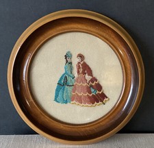 VTG Victorian Ladies Petit Pointe Finished/Cross Stitch Framed Wall Art Parasol