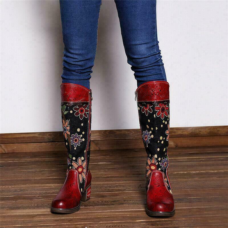 Boho Women Flower Splicing Genuine Leather Knee High Boots Cowboy
