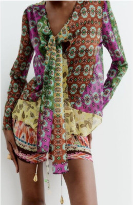 Zara RARE Multicolor Printed Blouse With Bow Tie and Beaded Tassels Small NWT