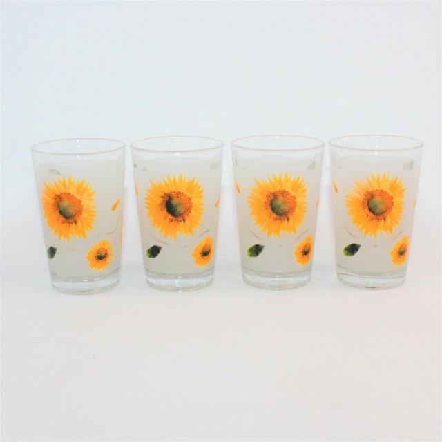 Set 4 Vintage Federal Frosted Glass Sunflower Juice Drinking Glasses