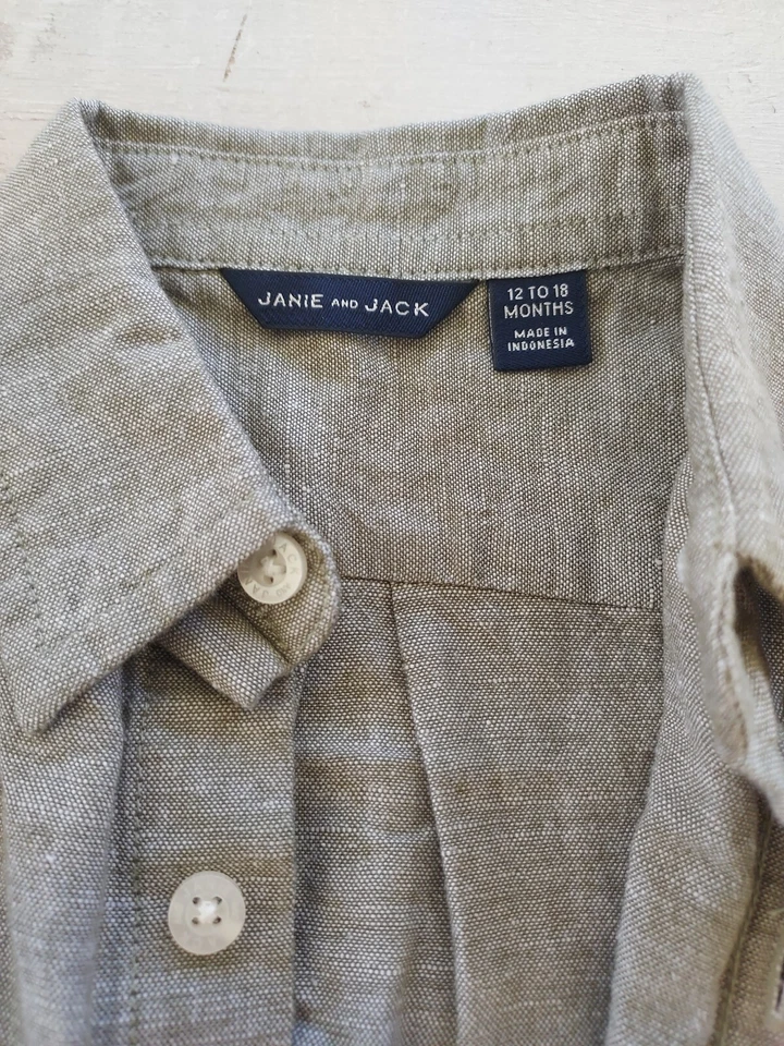 JANIE AND JACK GRAY GREEN BUTTON DOWN Linen SHIRT LS 12 TO 18 MONTH - Изображение 3 из 4