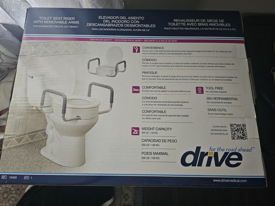 NEW/Drive Medical 12402 Raised Toilet Seat with Removable Arms For