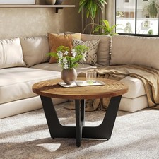 Round Solid Wood Coffee Table, Farmhouse 31.5-Inch Small Center Tea Table, Brown