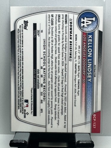 KELLON LINDSEY #BCP-137 2025 BOWMAN CHROME PROSPECT REFRACTOR /499 - Picture 2 of 2