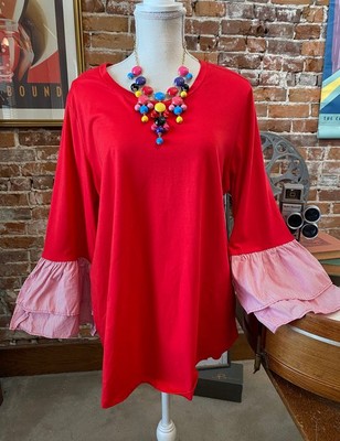 DG2 Diane Gilman Red Knit Striped Poplin Ruffle Sleeve Hem Top XL New Patriotic