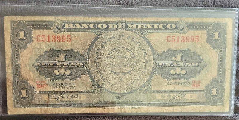 Banco de México Mexico Un Peso Banknote 1970 Serie BIP Serial C513995