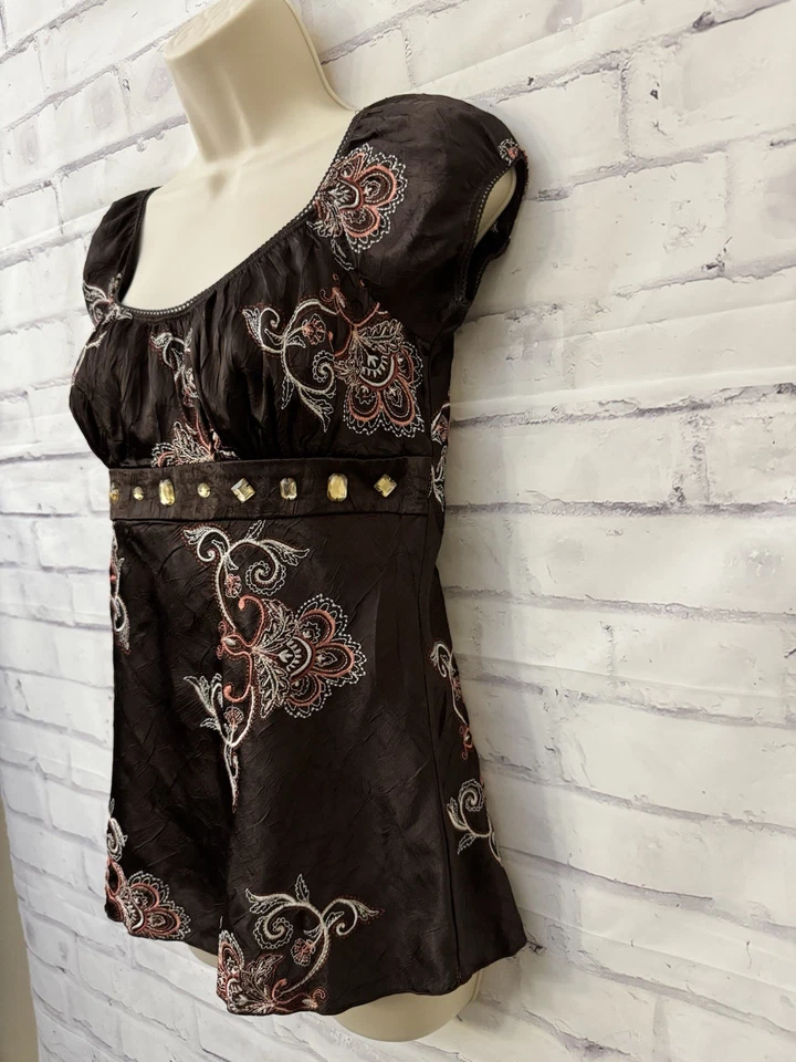 Y2K Heart Soul Babydoll Satin Bling Floral Top 90’s Small Preppy Feminine Fairy - Image 2 of 4